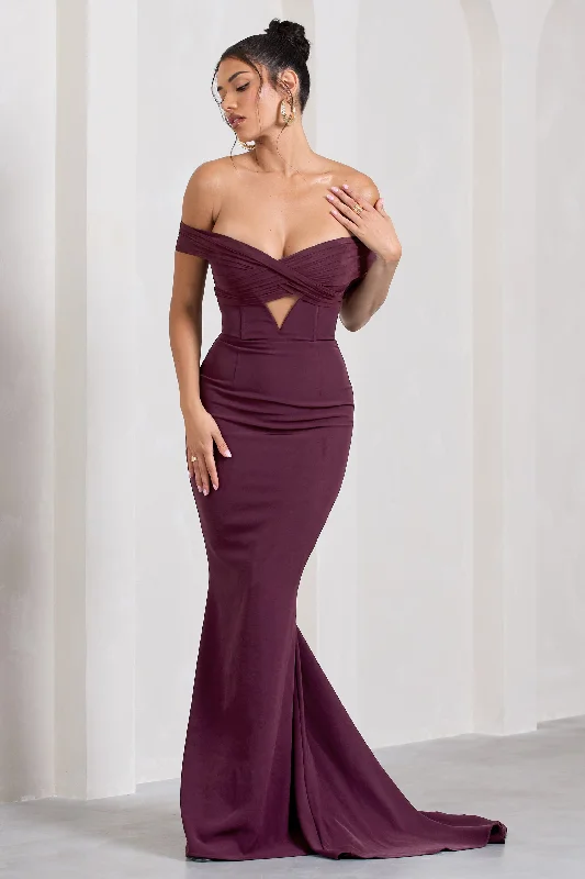 Inspiration | Burgundy Sheer Bardot Fishtail Maxi Dress Comfortable Fitted Maxi Dress