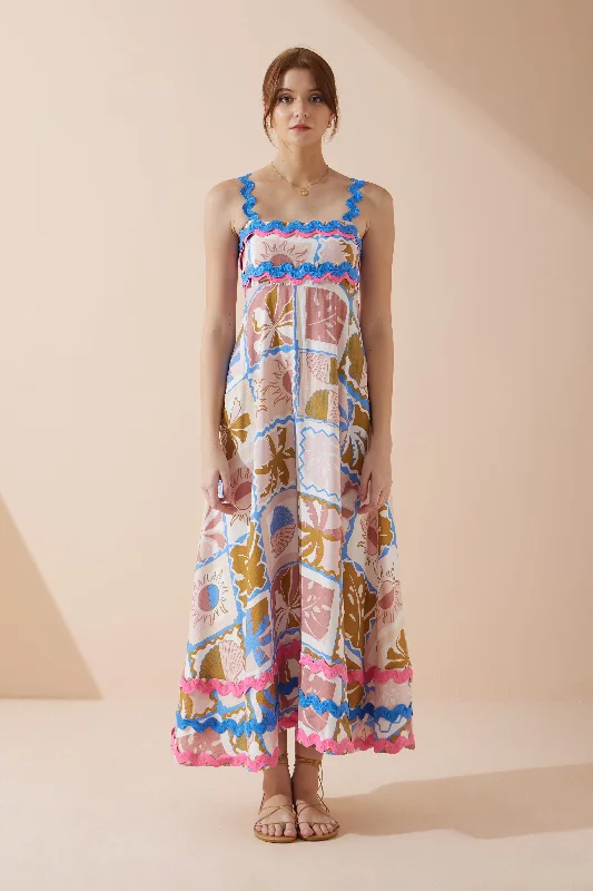 Ismerie Pink Tropical Ric Rac Maxi Dress Stylish Long Sleeve Maxi Dress