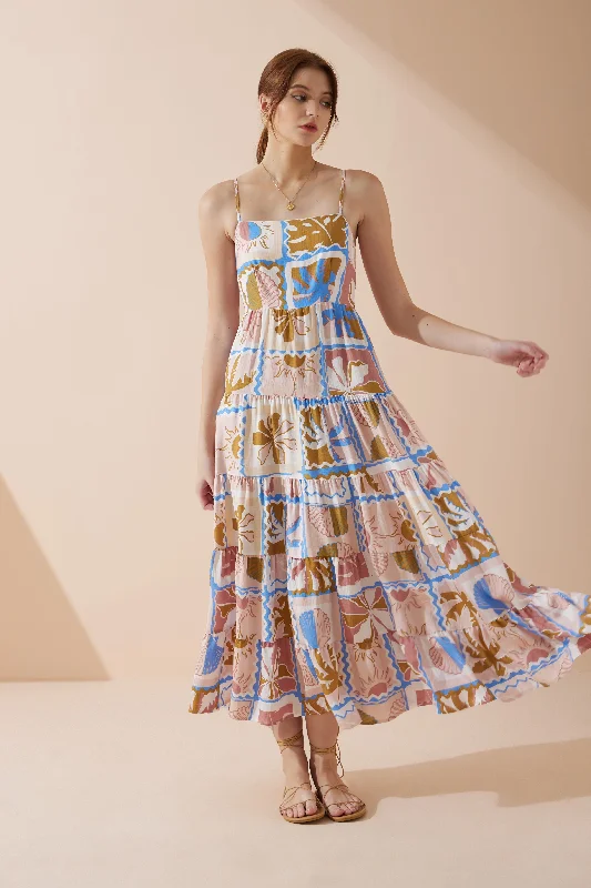Ismerie Pink Tropical Tiered Maxi Dress Stylish Boho Maxi Dress