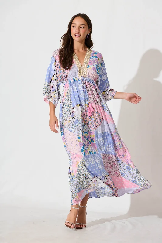 Janeve Maxi Dress in Pink with Blue Patchwork Print Elegant Maxi Dress with Pockets