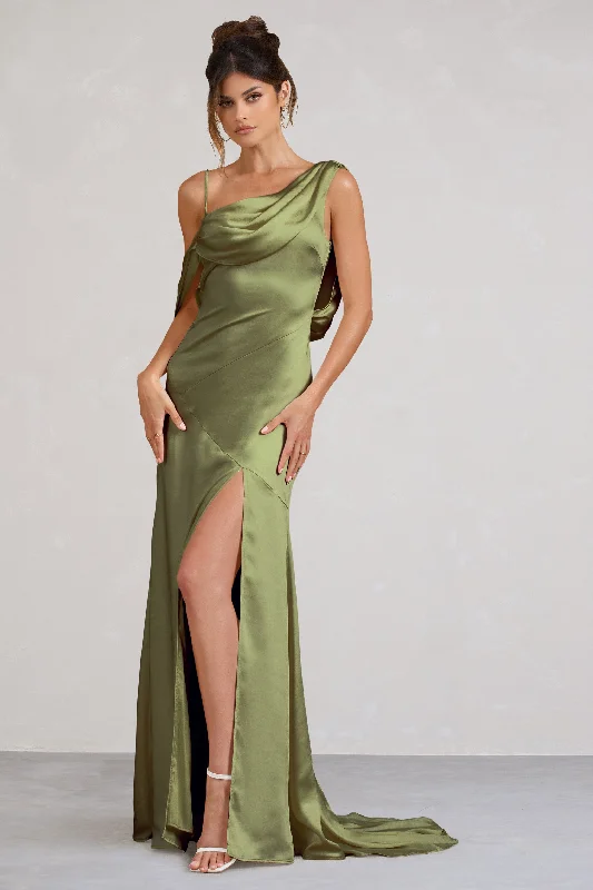 Jayne | Olive Satin Asymmetric Draped Split Maxi Dress Trendy Maxi Dress with Bow