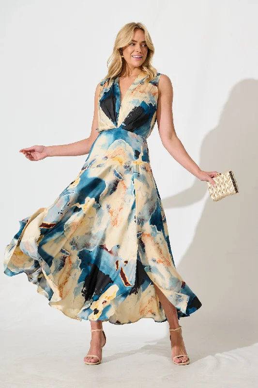 Jenibelle Maxi Dress in Blue And Cream Watercolour Satin Trendy Maxi Dress with Lace Jenibelle Maxi Dress in Blue And Cream Watercolour Satin Trendy Maxi Dress with Lace