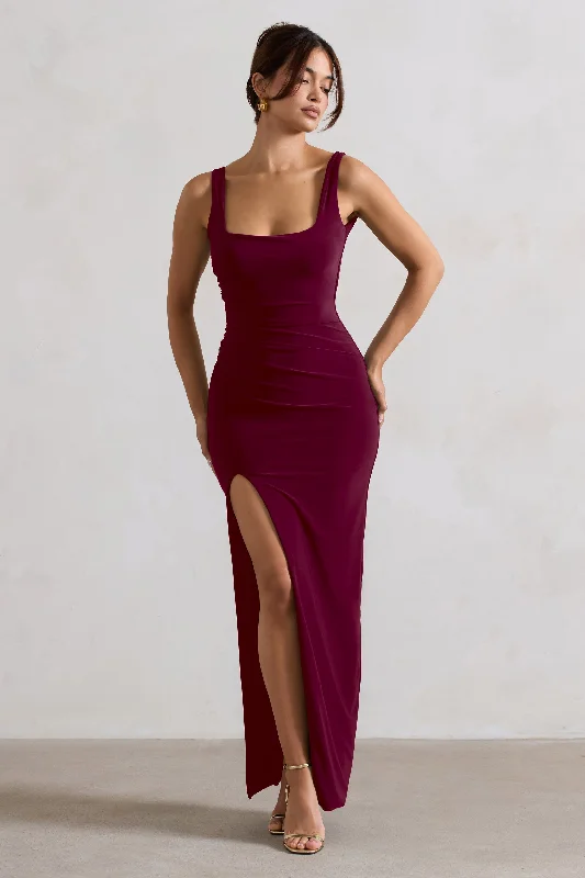 Kate | Berry Square Neck Maxi Dress with Plunge Back and Side Thigh Split Trendy Floral Print Maxi Dress
