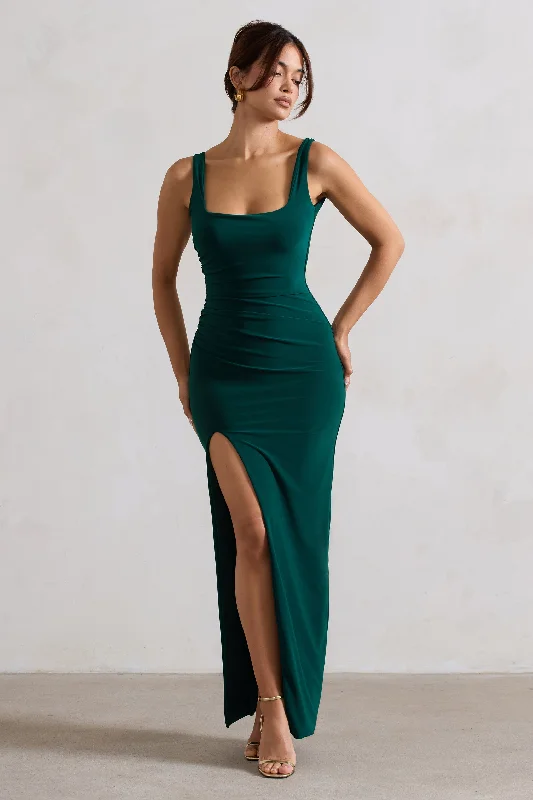 Kate | Bottle Green Square Neck Maxi Dress with Plunge Back and Side Thigh Split Stylish Button-Up Maxi Dress Kate | Bottle Green Square Neck Maxi Dress with Plunge Back and Side Thigh Split Stylish Button-Up Maxi Dress