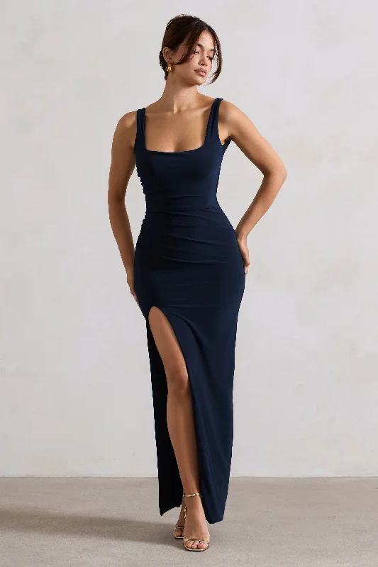 Kate | Navy Square Neck Maxi Dress with Plunge Back and Side Thigh Split Comfortable Fit-and-Flare Maxi Dress