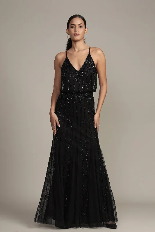 Keeva Black Beaded Maxi Dress Stylish Off-Shoulder Maxi Dress