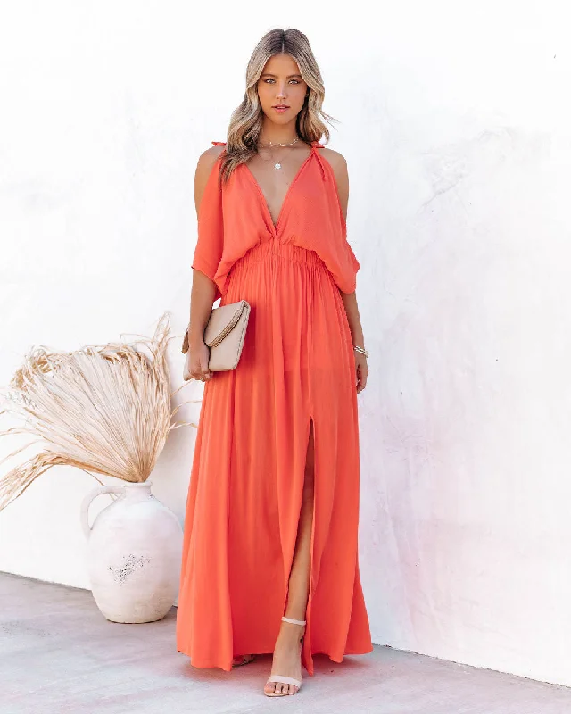 Korrine Cold Shoulder Maxi Dress - Coral Cozy Ruffle Sleeve Maxi Dress