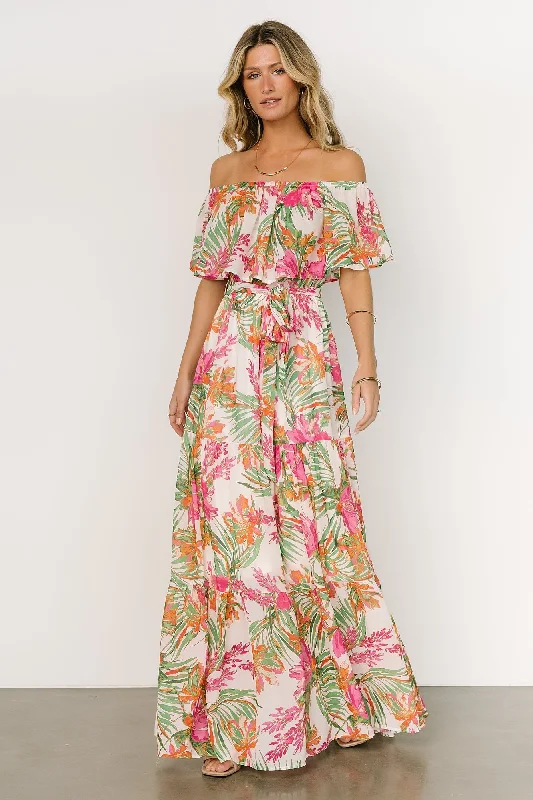 Lahaina Off Shoulder Maxi Dress | Multi Stylish Pleated A-Line Maxi Dress