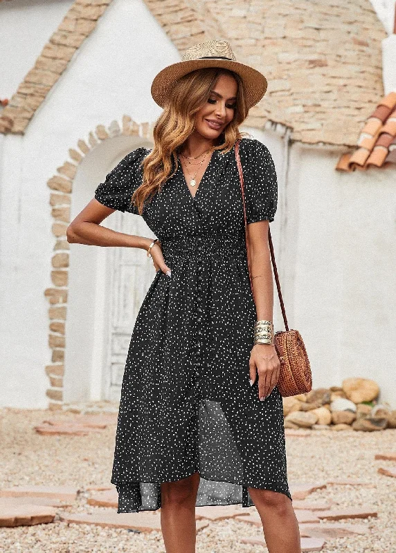 Larkspur Pocketed Button Down Ruffle Maxi Dress - Black Comfortable Flowy Maxi Dress