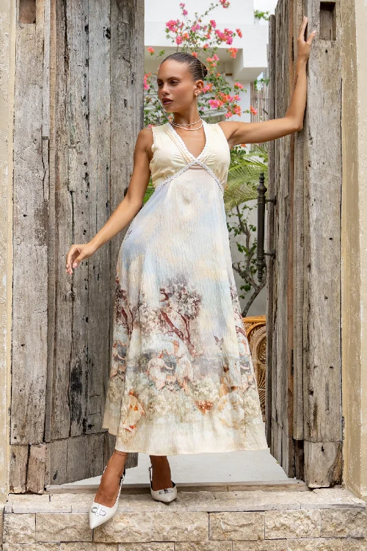 Lavinia Yellow Blue Abstract V-Neck Maxi Dress Chic Button-Up Maxi Dress