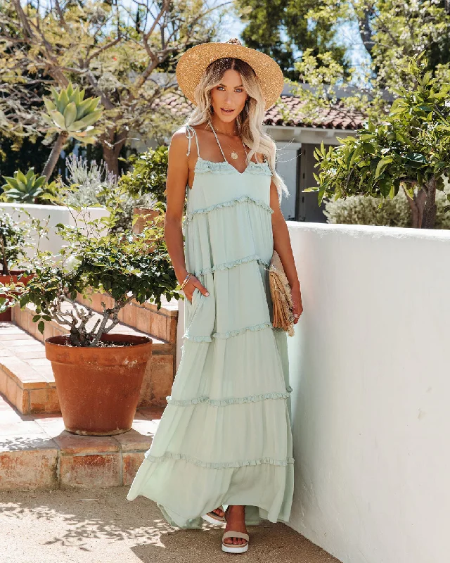 Leighton Pocketed Ruffle Tiered Maxi Dress - Misty Jade Comfortable Ruffle Hem Maxi Dress