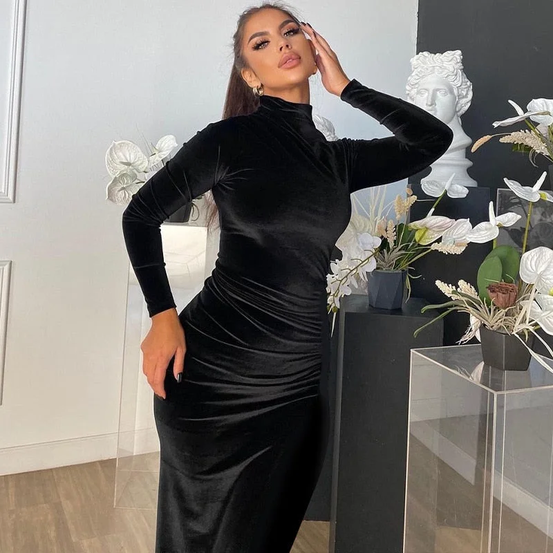 Long Sleeve Elegant Black Velvet Bodycon Maxi Dress For Women Ruched Party Evening Long Dresses 2023 Spring Female Clothes Cozy Ruffle Sleeve Maxi Dress