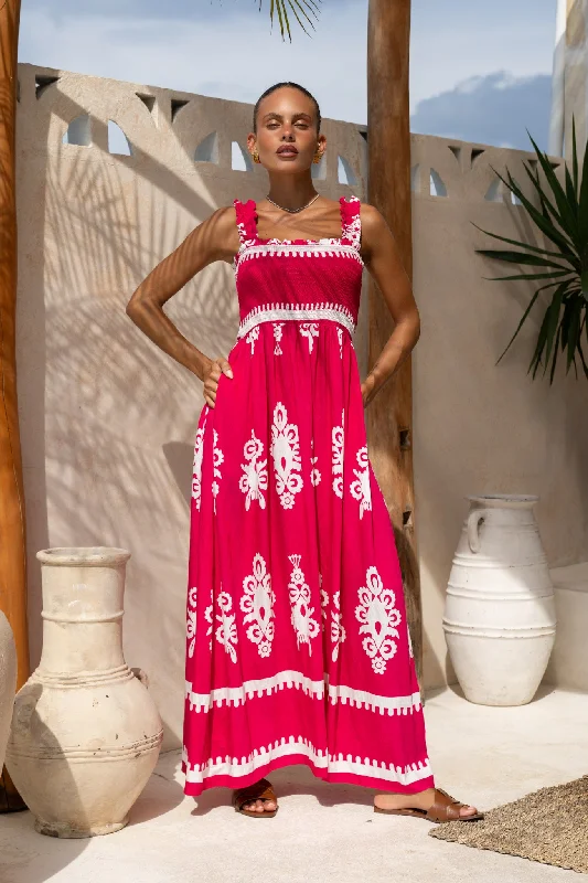 Lula Hot Pink Abstract Square Neck Maxi Dress Trendy Maxi Dress with Bow