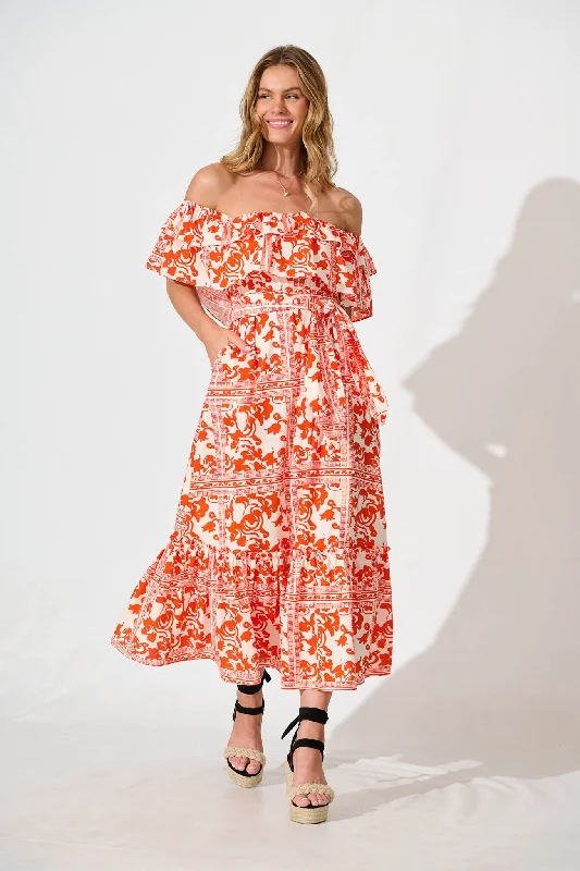 Lula Maxi Dress In Red Print Cotton Fashionable High-Waist Maxi Dress