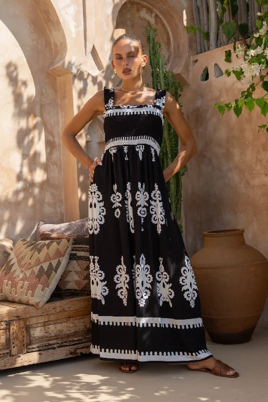 Luna Black Abstract Square Neck Maxi Dress Trendy Off-Shoulder Ruffle Maxi Dress