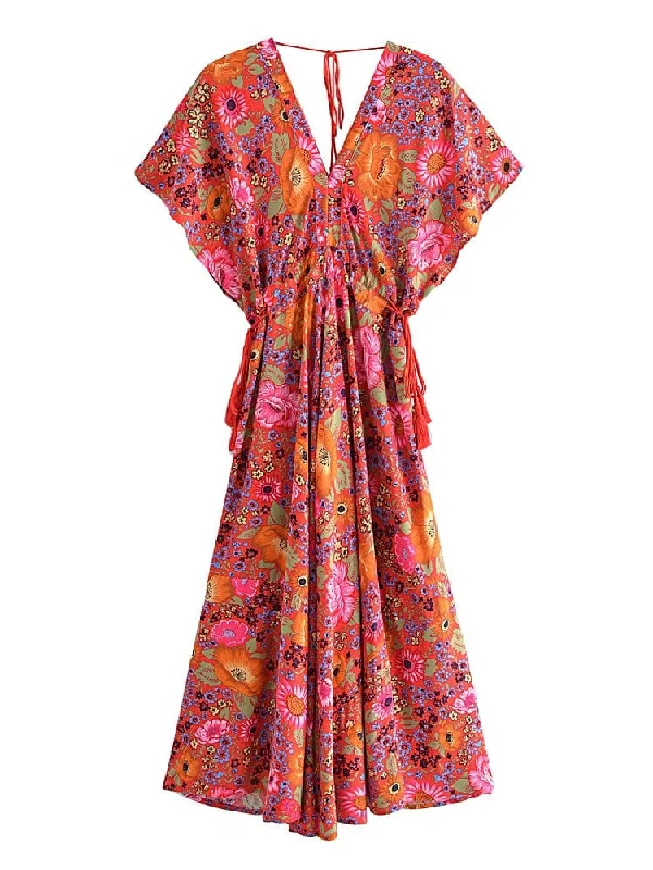 LUNAR Maxi Dress - Red Comfortable Maxi Dress with Sleeves