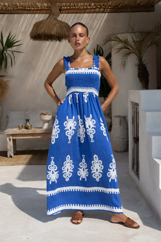 Lune Blue Abstract Square Neck Maxi Dress Elegant Sleeveless Maxi Dress