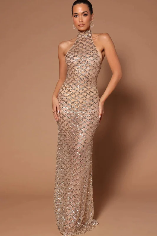Lunia Sequin Backless Maxi Dress Cozy Ruffle Sleeve Maxi Dress