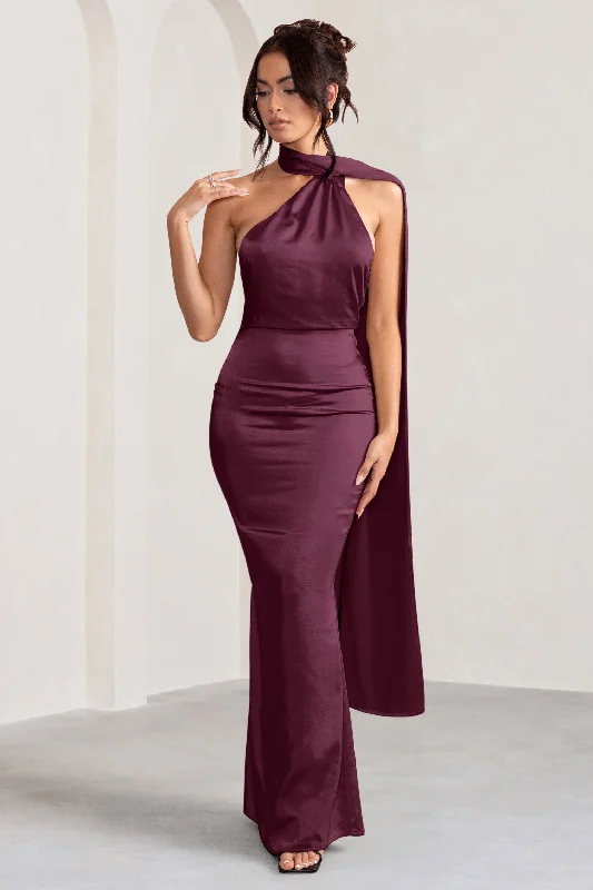 Mademoiselle | Burgundy Satin Asymmetric Scarf Neck Backless Maxi Dress Cozy Maxi Dress with Slit