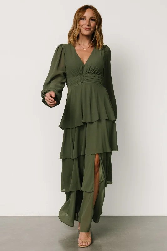 Mariella Tiered Maxi Dress | Dark Sage Comfortable Maxi Dress with Sleeves