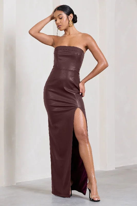 Marlene | Burgundy Faux Leather Strapless Bandeau Split Maxi Dress Cozy Spaghetti Strap Maxi Dress Marlene | Burgundy Faux Leather Strapless Bandeau Split Maxi Dress Cozy Spaghetti Strap Maxi Dress