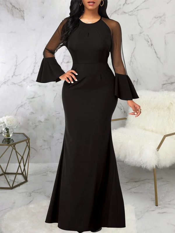 Mesh Fishtail Long Sleeve Formal Maxi Dress Trendy Short Sleeve Maxi Dress