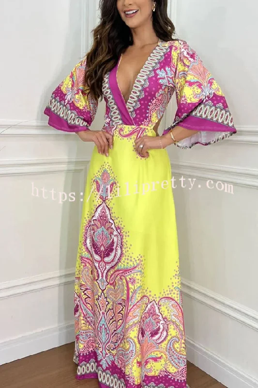 Lilipretty® Stand Out and Shine Palace Style Print Bell Sleeve Backless Vacation Maxi Dress Trendy Ruffled Maxi Dress