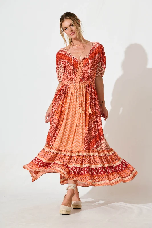 Minara Maxi Dress in Multi Orange Patchwork Elegant Maxi Dress with Ruffles