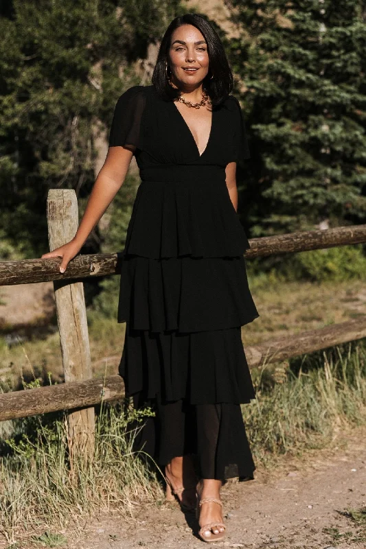 Montaigne Ruffle Maxi Dress | Black Comfortable Maxi Dress with Slits