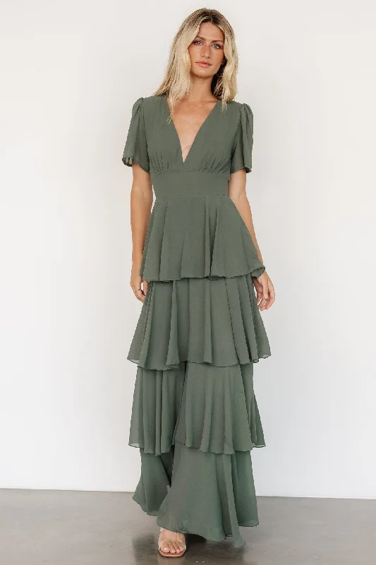 Montaigne Ruffle Maxi Dress | Dark Sage Elegant Velvet Maxi Dress