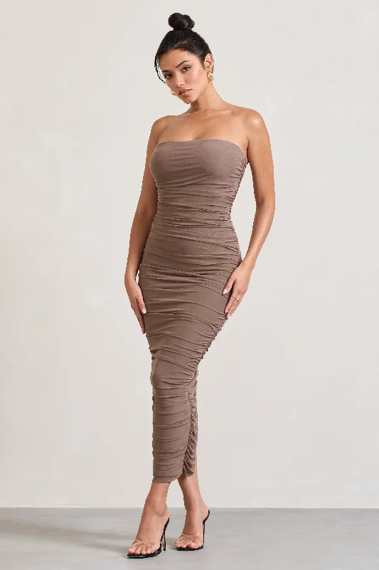 My Lady | Mocha Strapless Bodycon Ruched Mesh Maxi Dress Classic V-Neck Maxi Dress