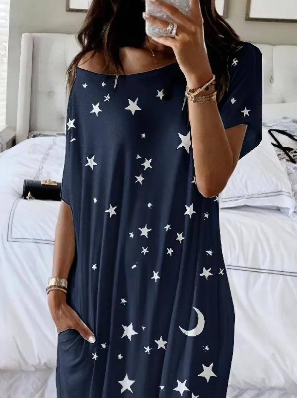 Navy Blue Star Maxi Dress Fashionable Open-Back Maxi Dress