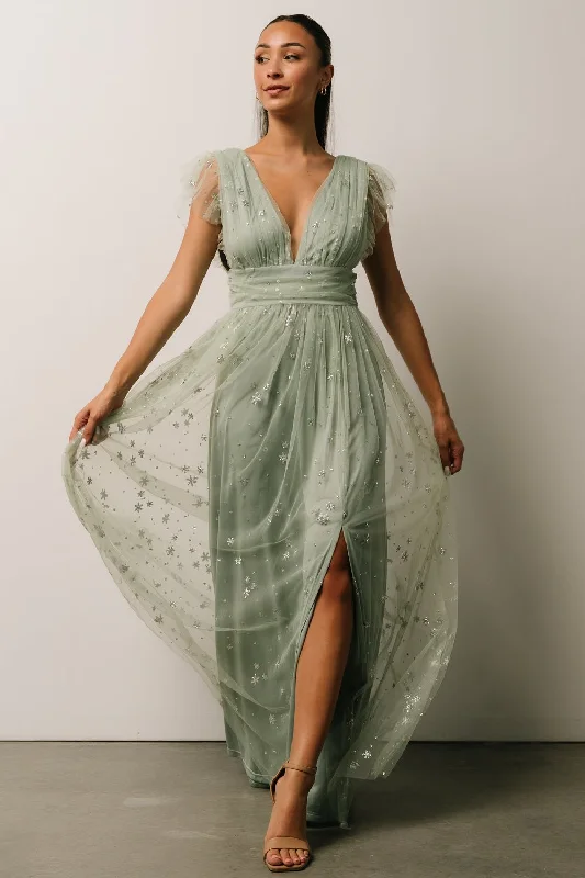 Nova Shimmer Maxi Dress | Sage + Silver Fashionable High-Waist Maxi Dress