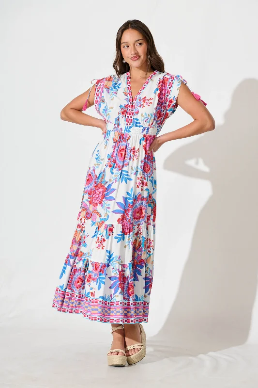 Olina Maxi Dress In Pink Floral Border Print Stylish Maxi Dress with Frills