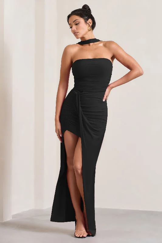 Paprika | Black Ruched Halter-Neck Bandeau Maxi Dress Elegant Boho Maxi Dress