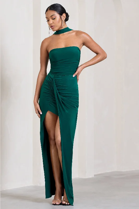 Paprika | Bottle Green Ruched Halter-Neck Bandeau Maxi Dress Stylish Longline Maxi Dress