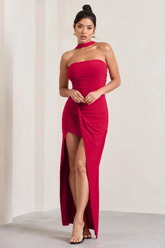 Paprika | Red Ruched Halter-Neck Bandeau Maxi Dress Comfortable Maxi Dress with Sleeves