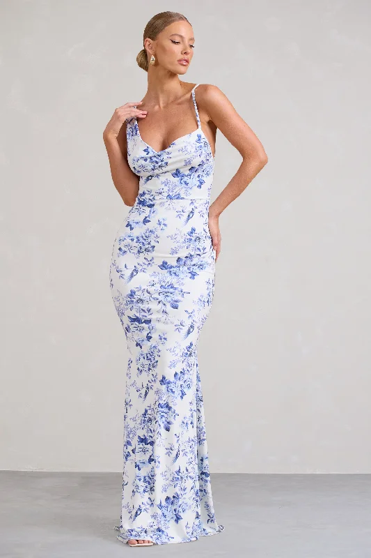 Phantasy | Blue Floral Print Asymmetric Neckline Cowl Maxi Dress Elegant Lace Maxi Dress