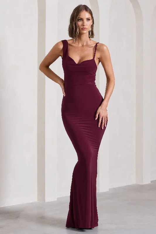 Phantasy | Burgundy Asymmetric Neckline Cowl Maxi Dress Elegant Velvet Maxi Dress