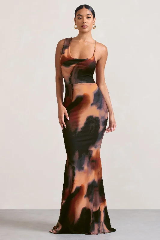 Phantasy |  Orange Smoke Print Asymmetric Neckline Cowl Maxi Dress Cozy Ribbed Maxi Dress