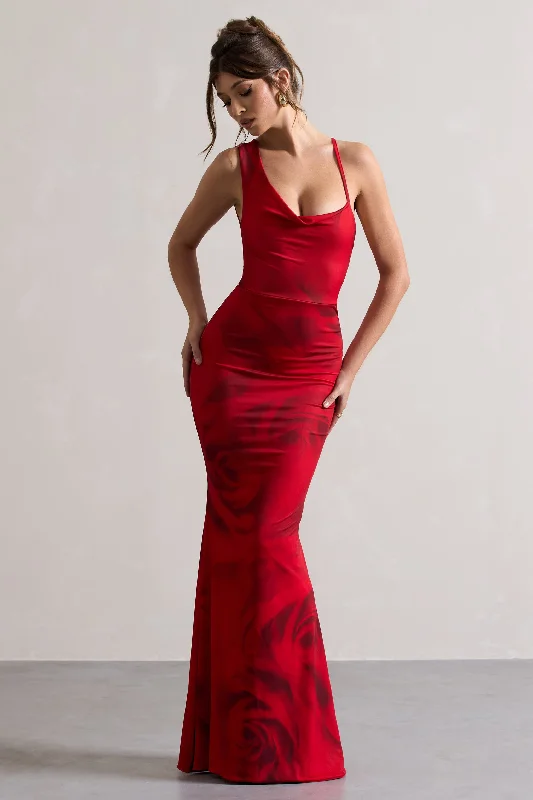 Phantasy | Red Rose Print Asymmetric Neckline Cowl Maxi Dress Elegant Maxi Dress with Ruffles Phantasy | Red Rose Print Asymmetric Neckline Cowl Maxi Dress Elegant Maxi Dress with Ruffles