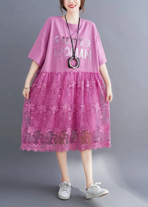 Pink Lace Patchwork Cotton Maxi Dresses Oversized Letter Print Half Sleeve Classic Tulle Maxi Dress Pink Lace Patchwork Cotton Maxi Dresses Oversized Letter Print Half Sleeve Classic Tulle Maxi Dress