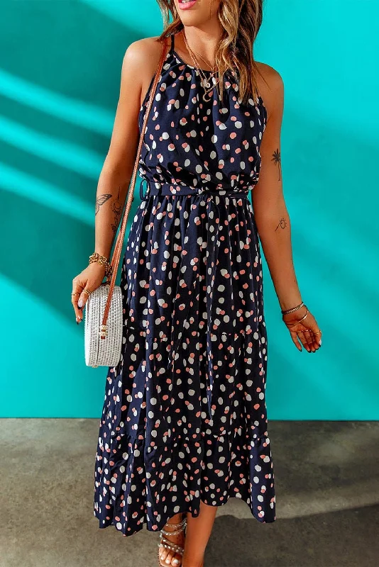 Polka Dot Belted Sleeveless Tiered Maxi Dress Trendy Satin Maxi Dress