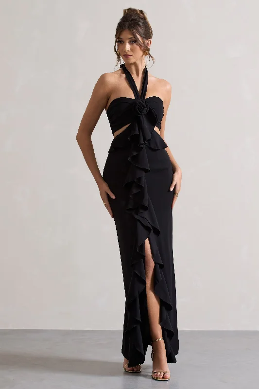 Powerful | Black Cut-Out Halter-Neck Maxi Dress With Flower & Ruffles Stylish Empire Waist Maxi Dress Powerful | Black Cut-Out Halter-Neck Maxi Dress With Flower & Ruffles Stylish Empire Waist Maxi Dress