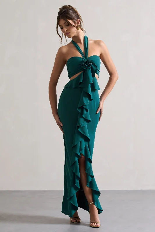 Powerful | Petrol Blue Cut-Out Halter-Neck Maxi Dress With Flower & Ruffles Classic V-Neck Maxi Dress Powerful | Petrol Blue Cut-Out Halter-Neck Maxi Dress With Flower & Ruffles Classic V-Neck Maxi Dress