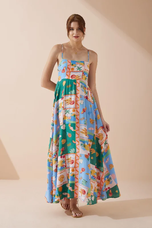 Praia Multicolour Tropical Flared Maxi Dress Fashionable Layered Maxi Dress