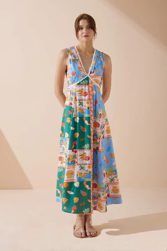 Praia Multicolour Tropical V-Neck Maxi Dress Comfortable Pleated Maxi Dress