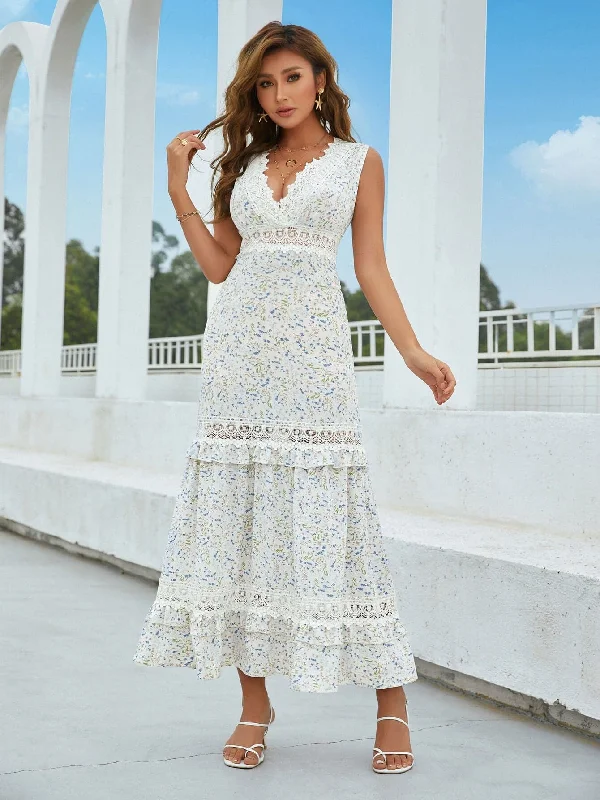 Printed Lace Detail Tiered Maxi Dress Comfortable Plunging Neckline Maxi Dress