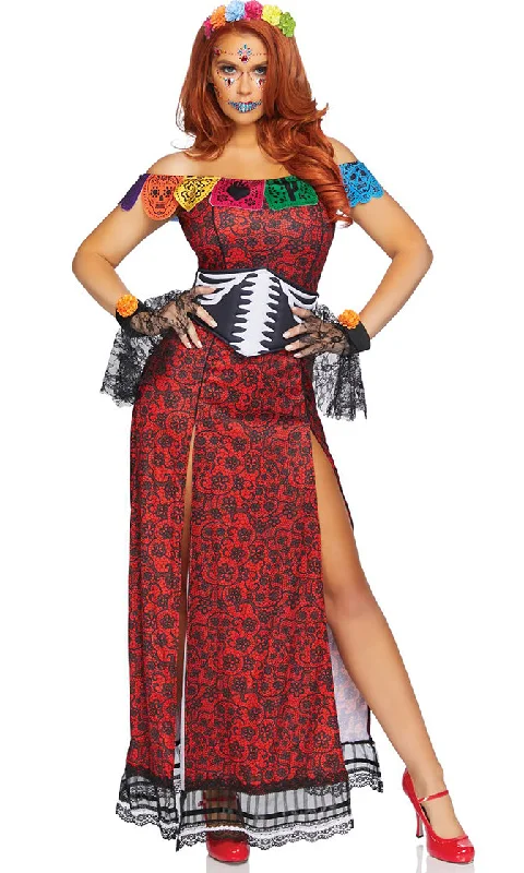 Queen Of Skulls <br><span>Red Cap Sleeve Off The Shoulder Lace Pattern Double Slit Maxi Dress Halloween Costume</span> Elegant Maxi Dress with Slit Queen Of Skulls <br><span>Red Cap Sleeve Off The Shoulder Lace Pattern Double Slit Maxi Dress Halloween Costume</span> Elegant Maxi Dress with Slit