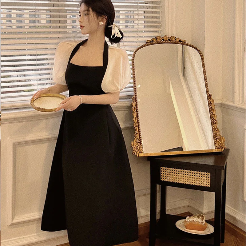 Retro Black Dress Summer Fashion Square Collar Backless Women Dresses Elegant French Puff Sleeve Women's Maxi Dress Sundress New Fashionable Printed Maxi Dress